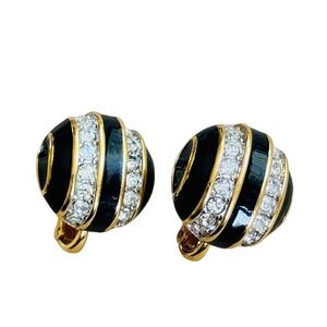 Nina Ricci Crystal Button Regal Earrings Jeweled Black‎ Enamel Gold Plated 1980s
